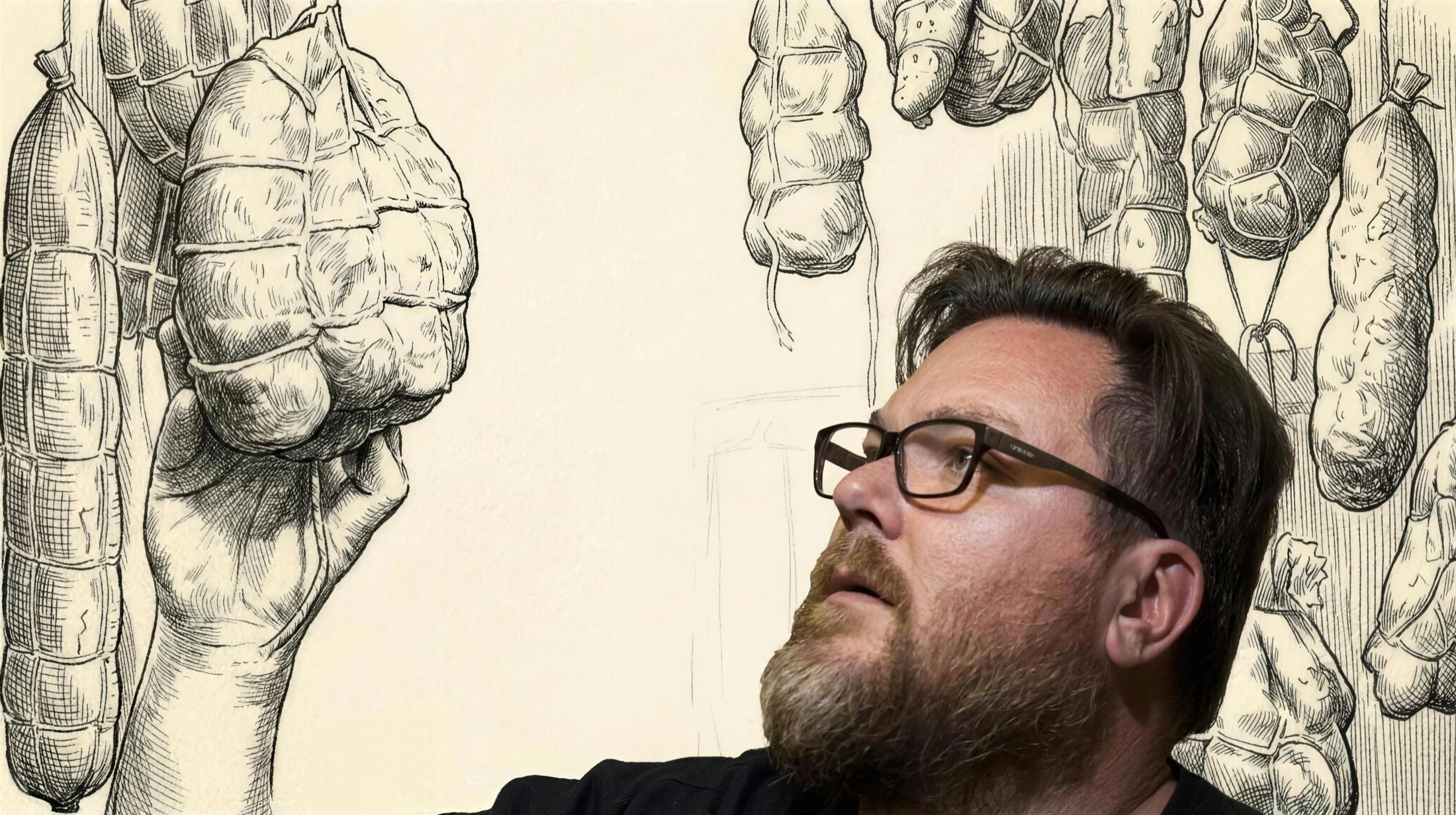 Gilbert Ferreira, photographed, reaching up to a hand-drawn culatello: the cellar around him is an ink illustration, and his hand becomes part of the drawing where it touches the meat.